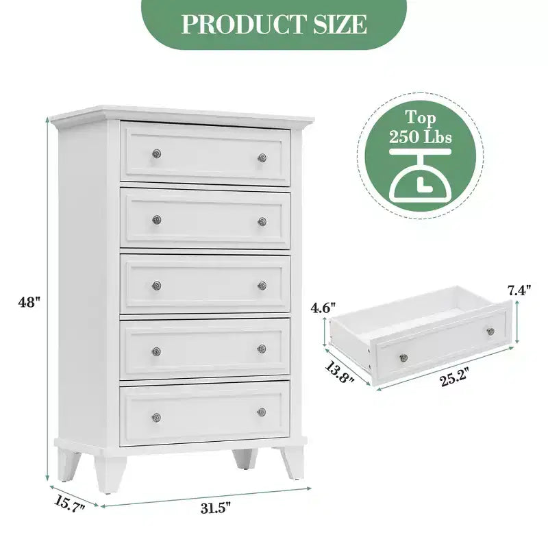 Commode moderne en bois de 122 cm de haut avec 5 tiroirs et poignées métalliques pour chambre et salon