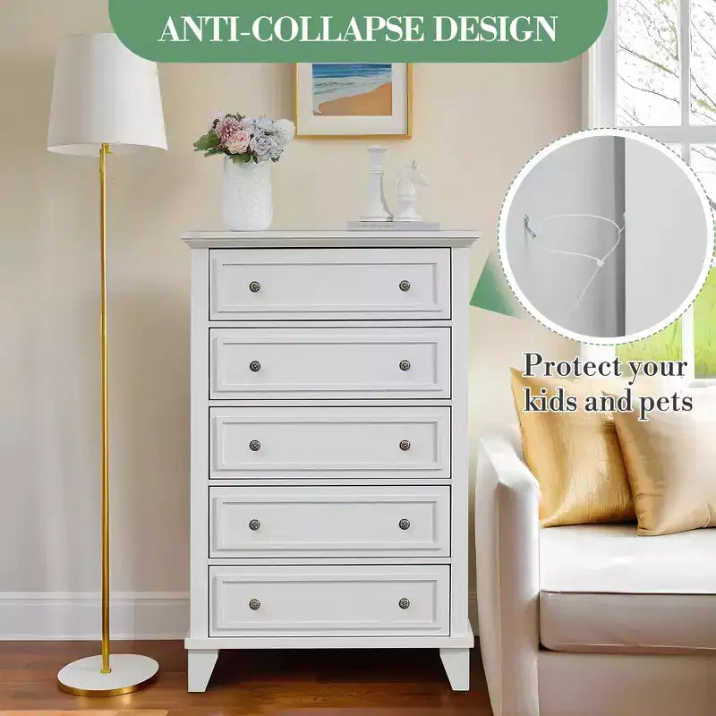 Commode moderne en bois de 122 cm de haut avec 5 tiroirs et poignées métalliques pour chambre et salon