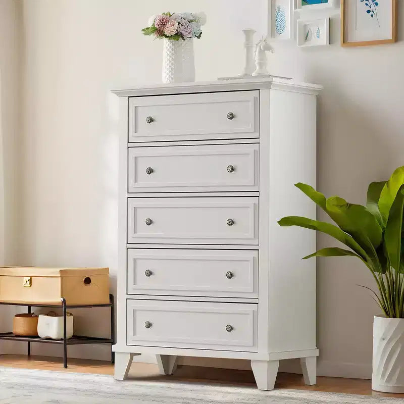 Commode moderne en bois de 122 cm de haut avec 5 tiroirs et poignées métalliques pour chambre et salon