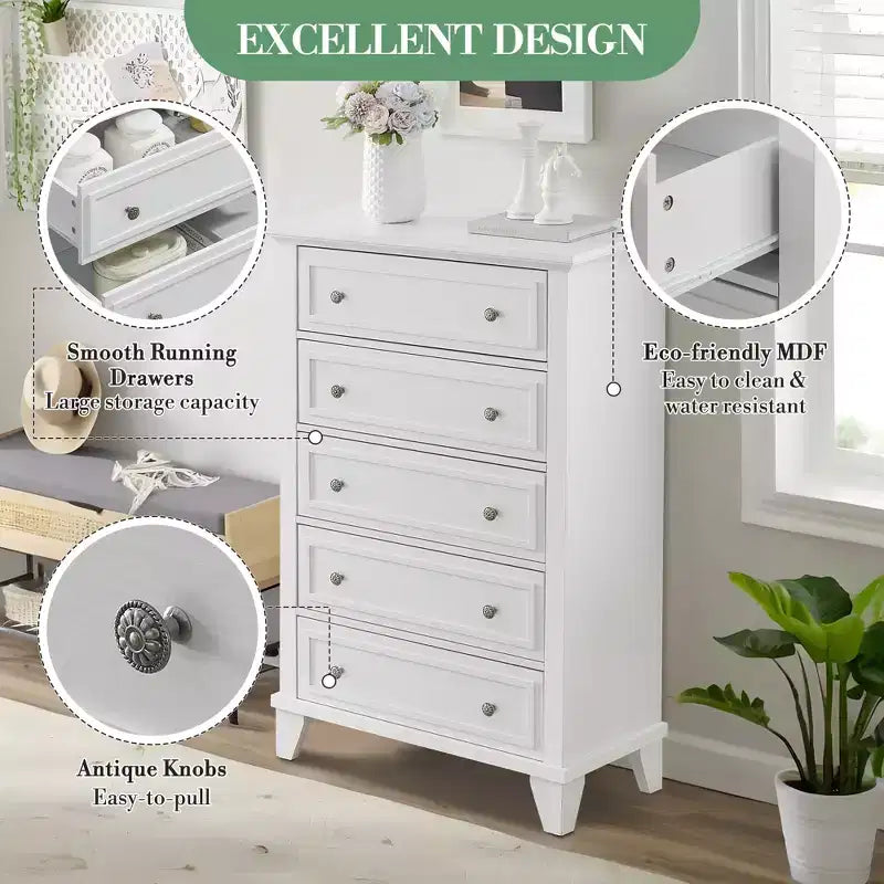 Commode moderne en bois de 122 cm de haut avec 5 tiroirs et poignées métalliques pour chambre et salon