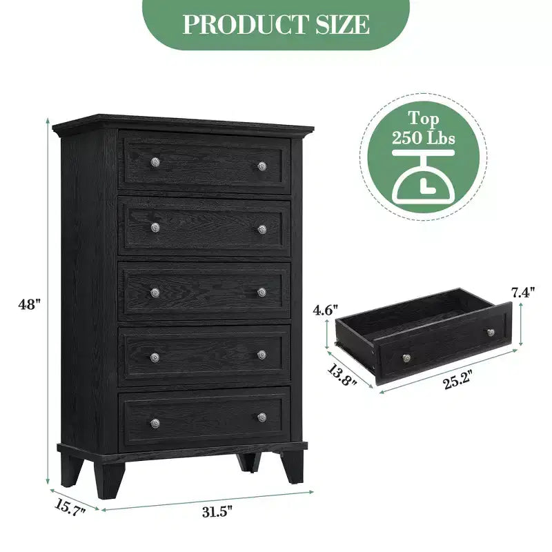 Commode moderne en bois de 122 cm de haut avec 5 tiroirs et poignées métalliques pour chambre et salon