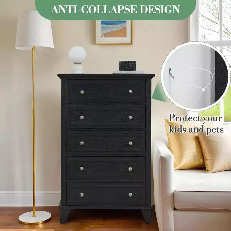 Commode moderne en bois de 122 cm de haut avec 5 tiroirs et poignées métalliques pour chambre et salon