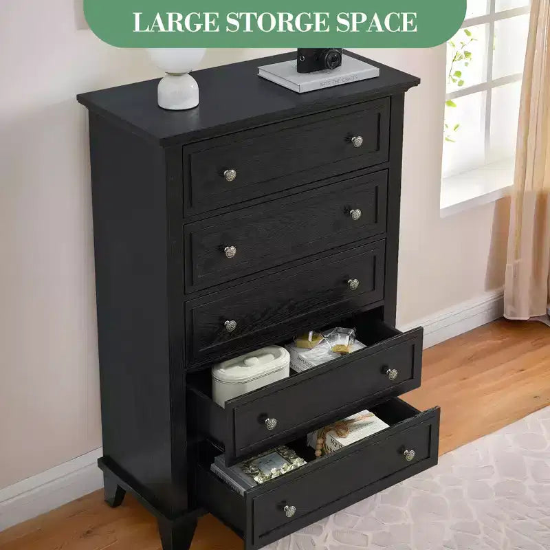 Commode moderne en bois de 122 cm de haut avec 5 tiroirs et poignées métalliques pour chambre et salon