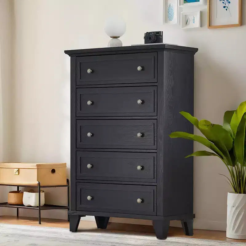 Commode moderne en bois de 122 cm de haut avec 5 tiroirs et poignées métalliques pour chambre et salon
