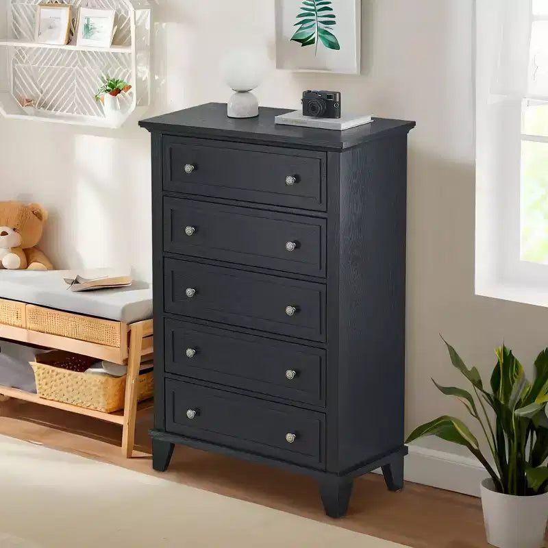 Commode moderne en bois de 122 cm de haut avec 5 tiroirs et poignées métalliques pour chambre et salon