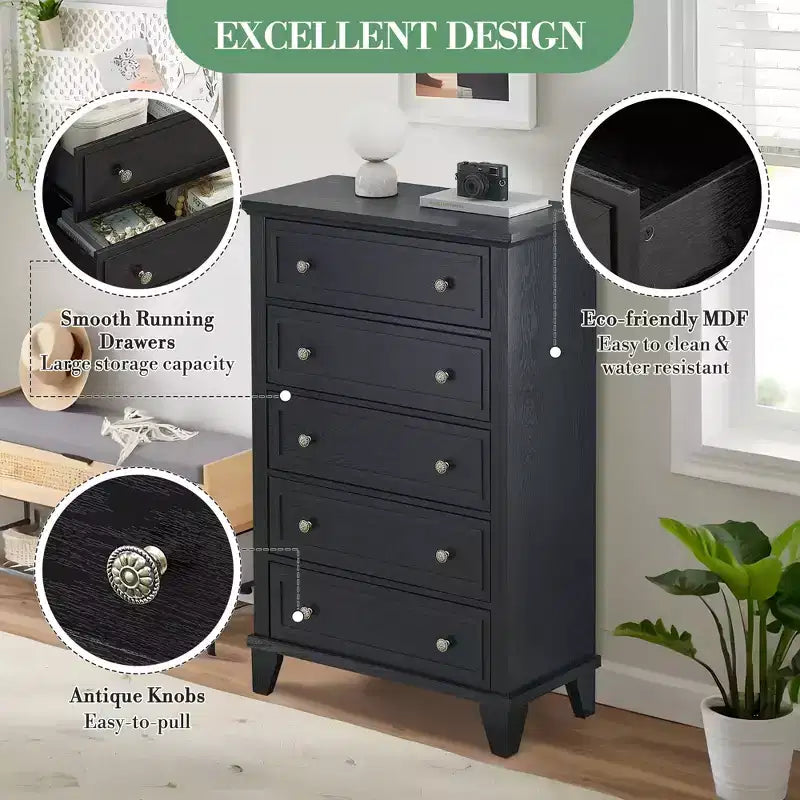 Commode moderne en bois de 122 cm de haut avec 5 tiroirs et poignées métalliques pour chambre et salon