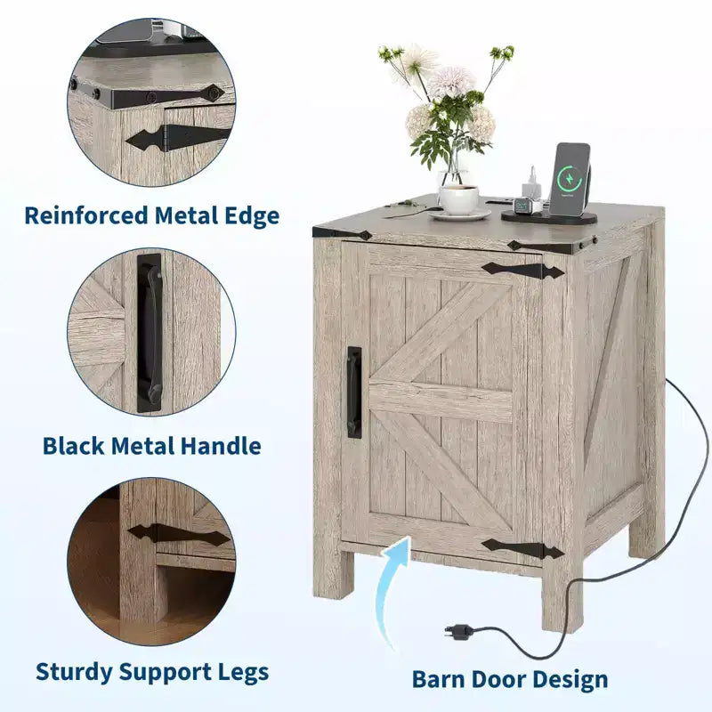 Lot de 2 tables de chevet de ferme avec station de recharge, table de nuit rustique avec porte de grange et étagère réglable, petite table d'appoint pour chambre et salon.