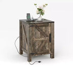 2Pcs Farmhouse Nightstand with Charging Station, Rustic Barn Door Bedside Table with Adjustable Shelf, Small End Table for Bedroom and Living Room
