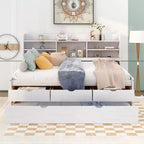 FAMYYT Full Size Wooden Captain Bed?With Built-in Bookshelves, Three Storage Drawers and Trundle, Easy Assembly
