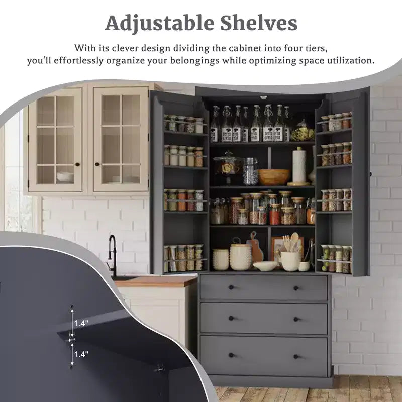 Étagères de porte de garde-manger de cuisine de ferme, armoire de rangement haute autonome avec 3 étagères réglables et 3 tiroirs pour salle à manger