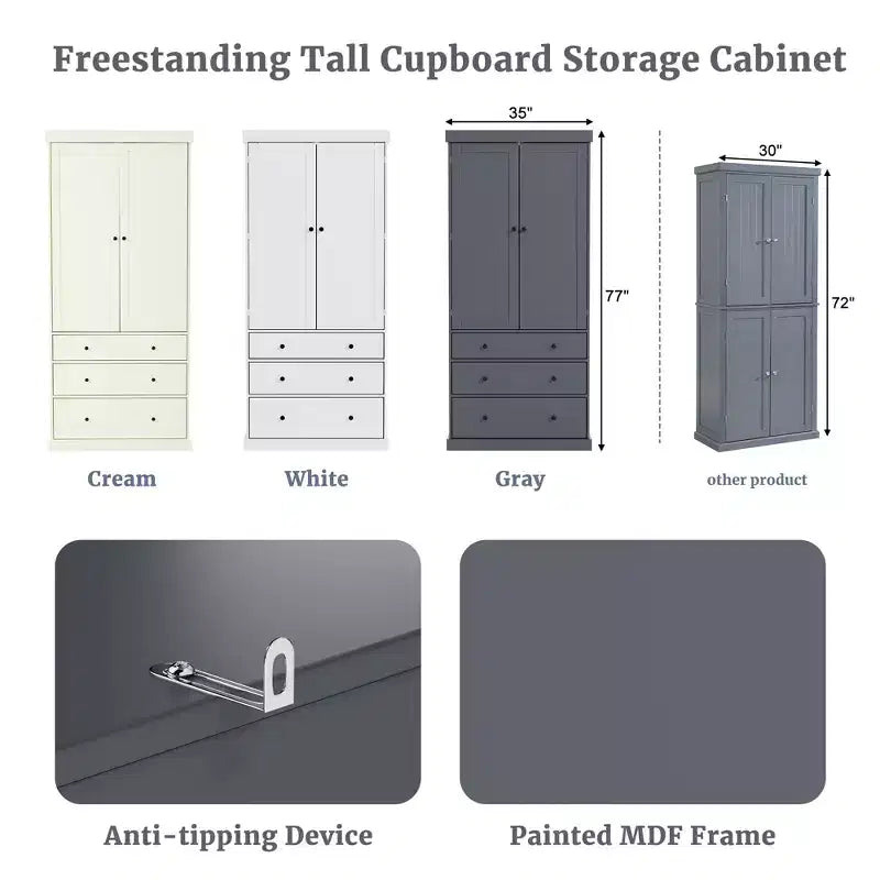 Étagères de porte de garde-manger de cuisine de ferme, armoire de rangement haute autonome avec 3 étagères réglables et 3 tiroirs pour salle à manger