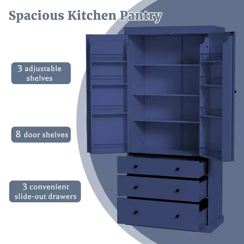 Étagères de porte de garde-manger de cuisine de ferme, armoire de rangement haute autonome avec 3 étagères réglables et 3 tiroirs pour salle à manger