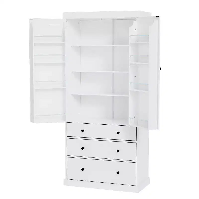 Étagères de porte de garde-manger de cuisine de ferme, armoire de rangement haute autonome avec 3 étagères réglables et 3 tiroirs pour salle à manger