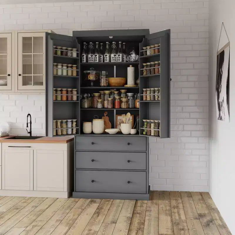 Étagères de porte de garde-manger de cuisine de ferme, armoire de rangement haute autonome avec 3 étagères réglables et 3 tiroirs pour salle à manger