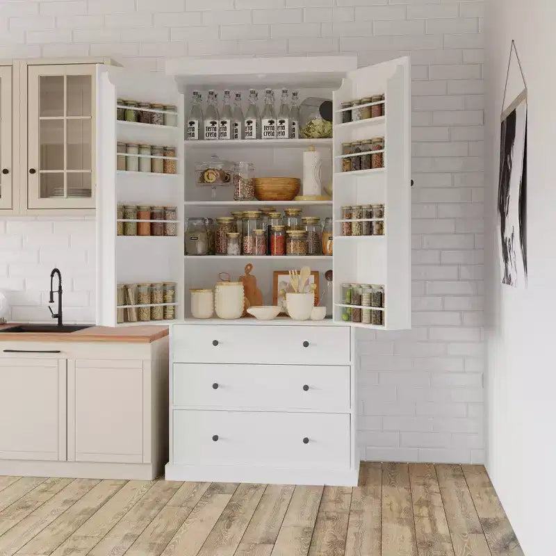 Étagères de porte de garde-manger de cuisine de ferme, armoire de rangement haute autonome avec 3 étagères réglables et 3 tiroirs pour salle à manger