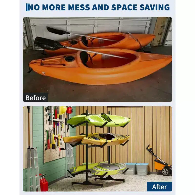 Support de rangement autoportant robuste pour kayak, support en acier réglable, roues mobiles, sangles de suspension, support multi-kayaks type S