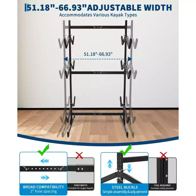 Support de rangement autoportant robuste pour kayak, support en acier réglable, roues mobiles, sangles de suspension, support multi-kayaks type S
