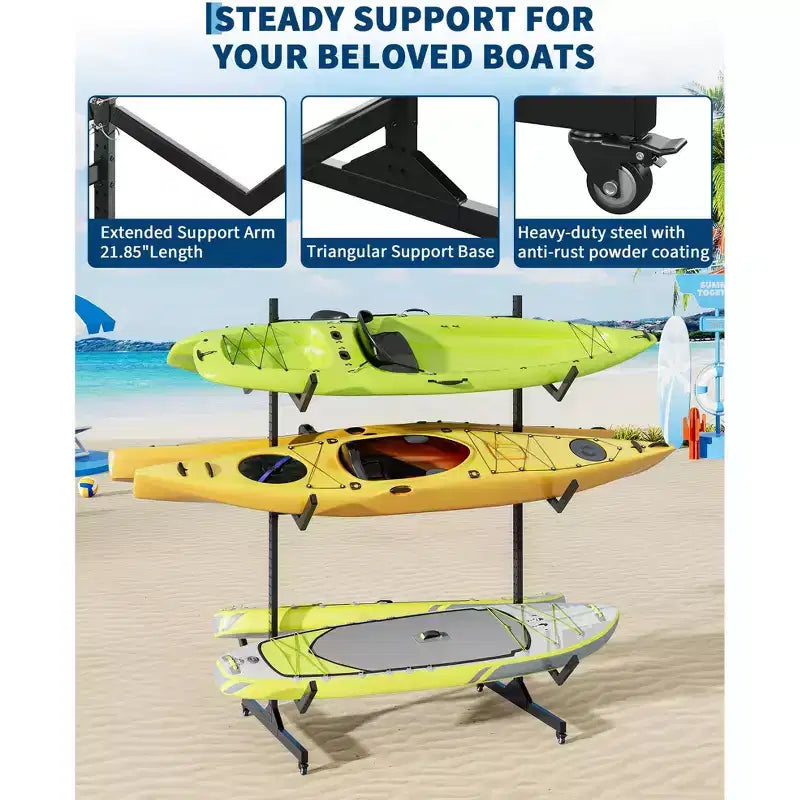 Support de rangement autoportant robuste pour kayak, support en acier réglable, roues mobiles, sangles de suspension, support multi-kayaks type S