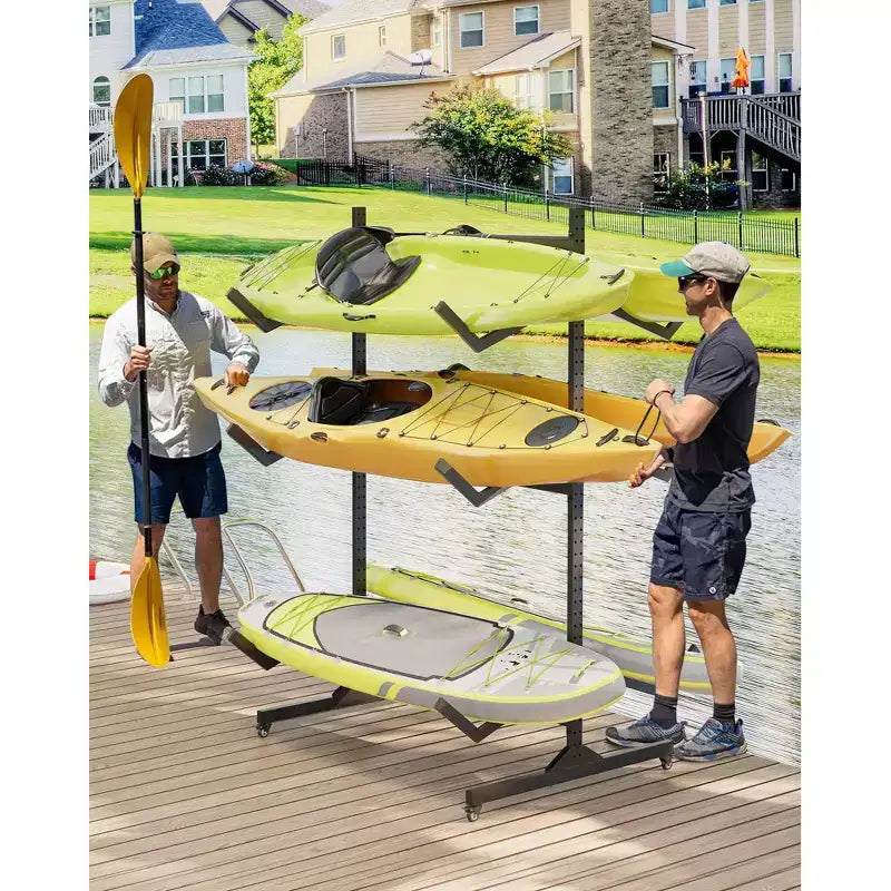 Support de rangement autoportant robuste pour kayak, support en acier réglable, roues mobiles, sangles de suspension, support multi-kayaks type S