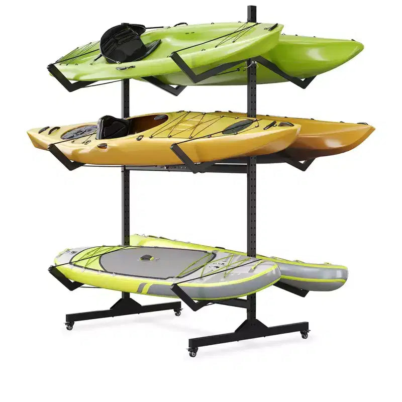 Support de rangement autoportant robuste pour kayak, support en acier réglable, roues mobiles, sangles de suspension, support multi-kayaks type S