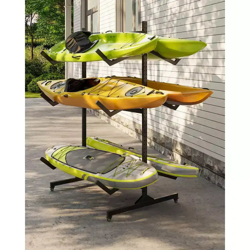 Support de rangement autoportant robuste pour kayak, support en acier réglable, roues mobiles, sangles de suspension, support multi-kayaks type S