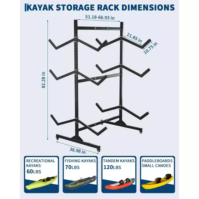 Support de rangement autoportant robuste pour kayak, support en acier réglable, roues mobiles, sangles de suspension, support multi-kayaks type S