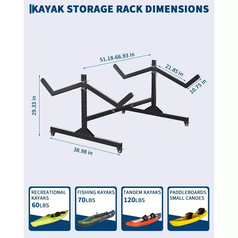 Support de rangement autoportant robuste pour kayak, support en acier réglable, roues mobiles, sangles de suspension, support multi-kayaks type S