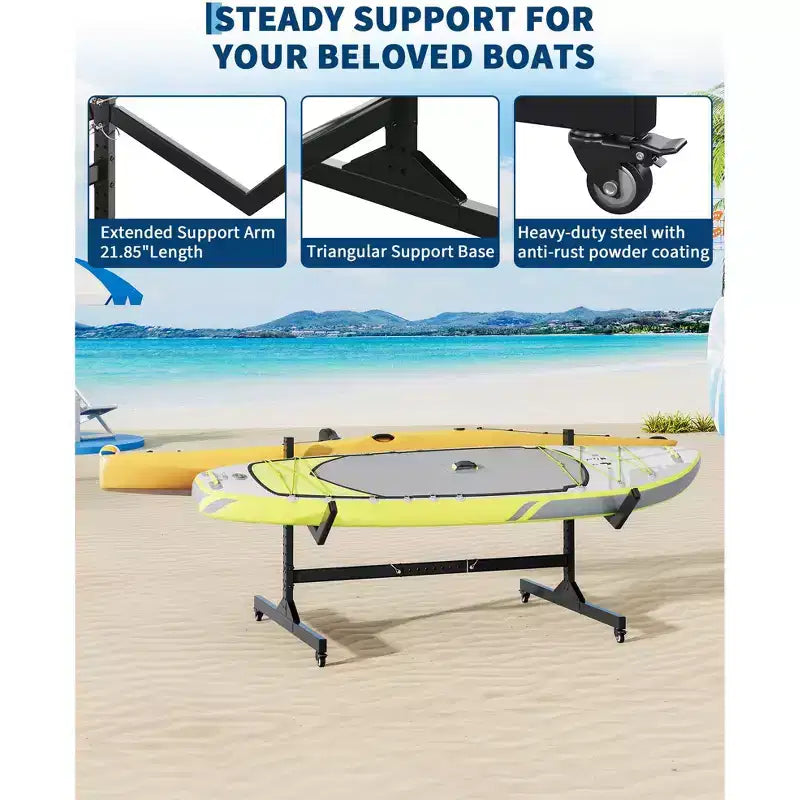Support de rangement autoportant robuste pour kayak, support en acier réglable, roues mobiles, sangles de suspension, support multi-kayaks type S