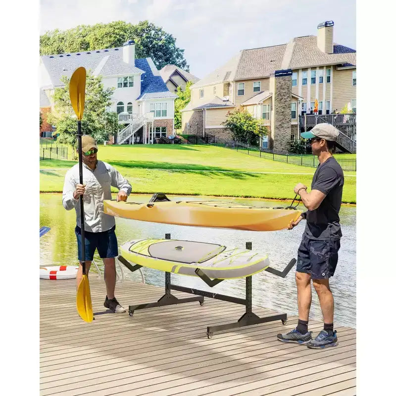 Support de rangement autoportant robuste pour kayak, support en acier réglable, roues mobiles, sangles de suspension, support multi-kayaks type S