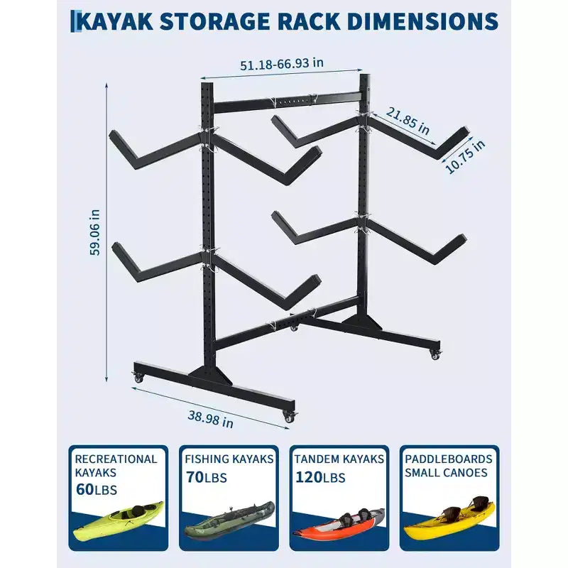 Support de rangement autoportant robuste pour kayak, support en acier réglable, roues mobiles, sangles de suspension, support multi-kayaks type S
