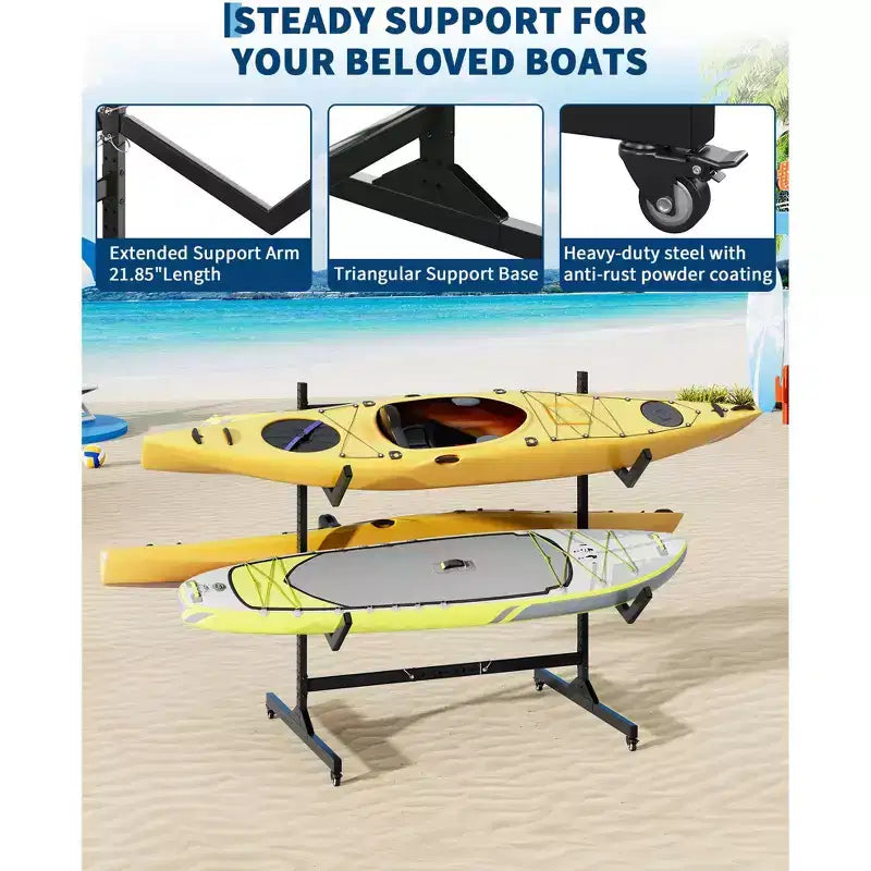 Support de rangement autoportant robuste pour kayak, support en acier réglable, roues mobiles, sangles de suspension, support multi-kayaks type S