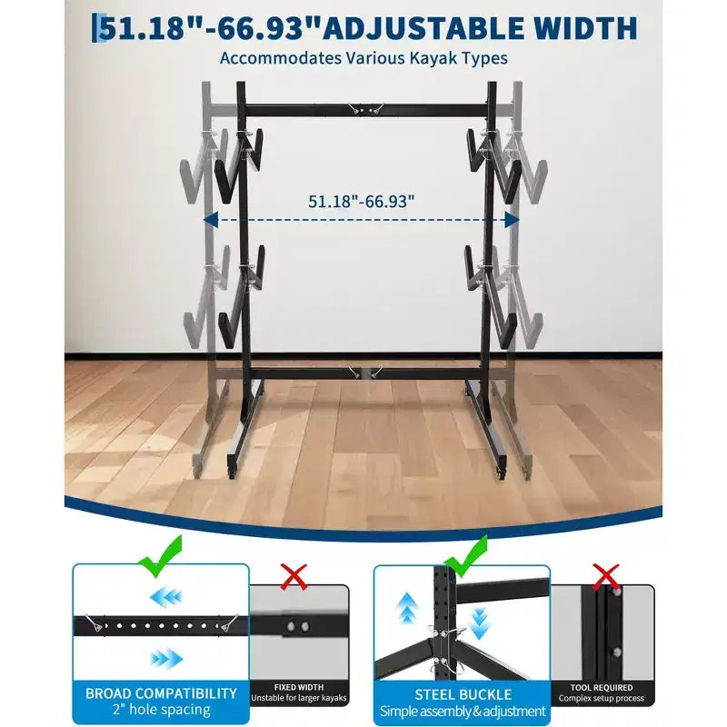 Support de rangement autoportant robuste pour kayak, support en acier réglable, roues mobiles, sangles de suspension, support multi-kayaks type S