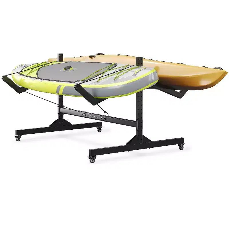 Support de rangement autoportant robuste pour kayak, support en acier réglable, roues mobiles, sangles de suspension, support multi-kayaks type S