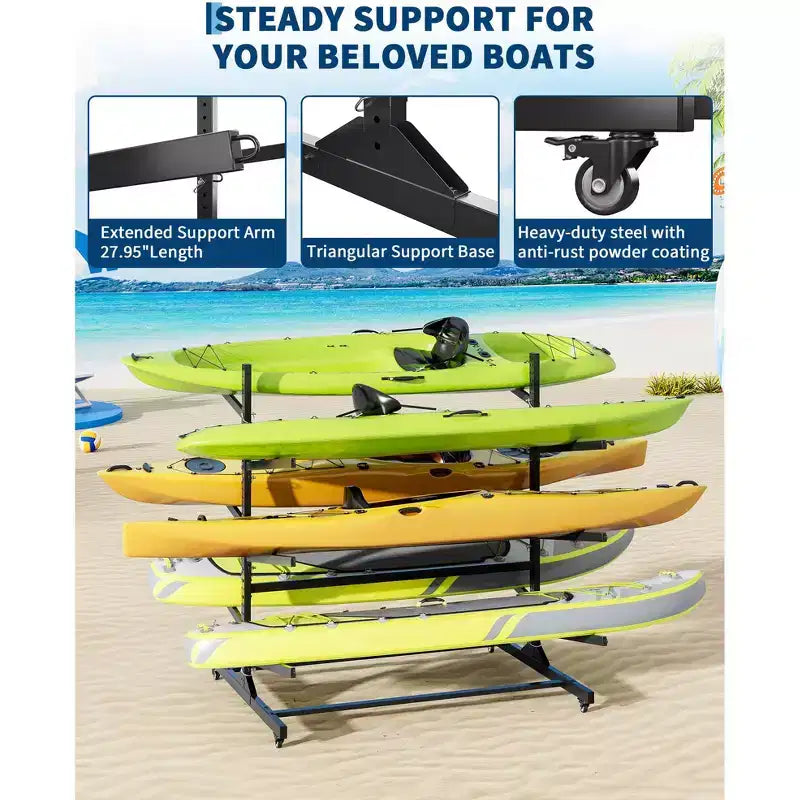 Support de rangement robuste pour kayaks avec roues verrouillables pour kayaks, canoës, planches de surf et planches à pagaie Étagères amovibles