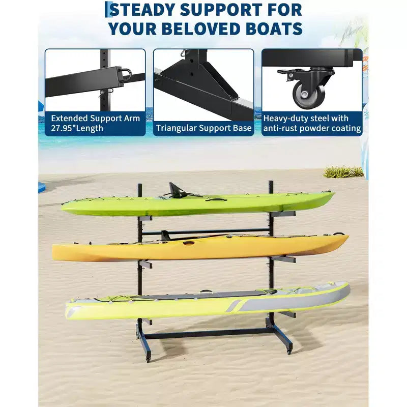 Support de rangement robuste pour kayaks avec roues verrouillables pour kayaks, canoës, planches de surf et planches à pagaie Étagères amovibles