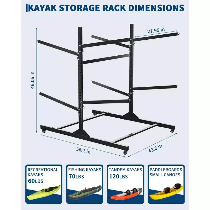 Support de rangement robuste pour kayaks avec roues verrouillables pour kayaks, canoës, planches de surf et planches à pagaie Étagères amovibles