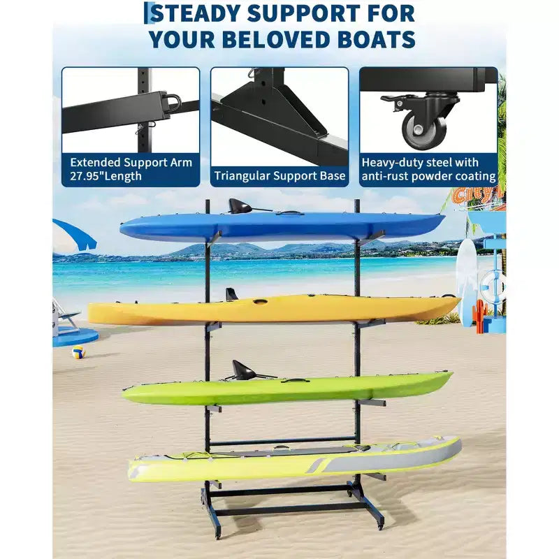 Support de rangement robuste pour kayaks avec roues verrouillables pour kayaks, canoës, planches de surf et planches à pagaie Étagères amovibles