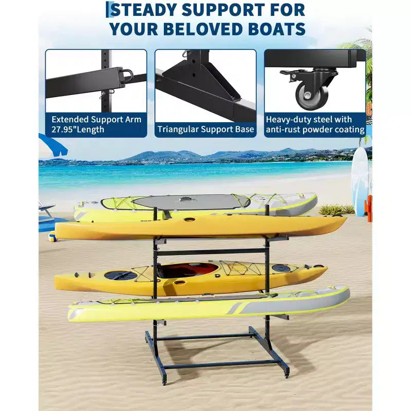Support de rangement robuste pour kayaks avec roues verrouillables pour kayaks, canoës, planches de surf et planches à pagaie Étagères amovibles