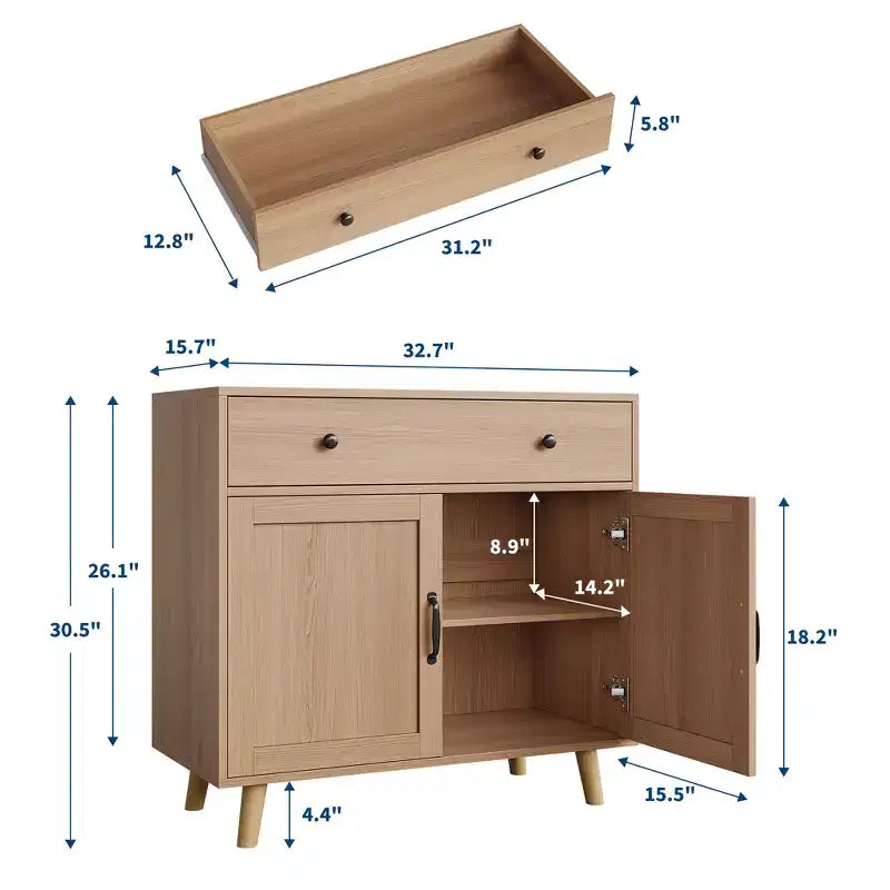 Buffet en bois naturel moderne avec 3 niveaux de rangement, tiroir et étagères ouvertes