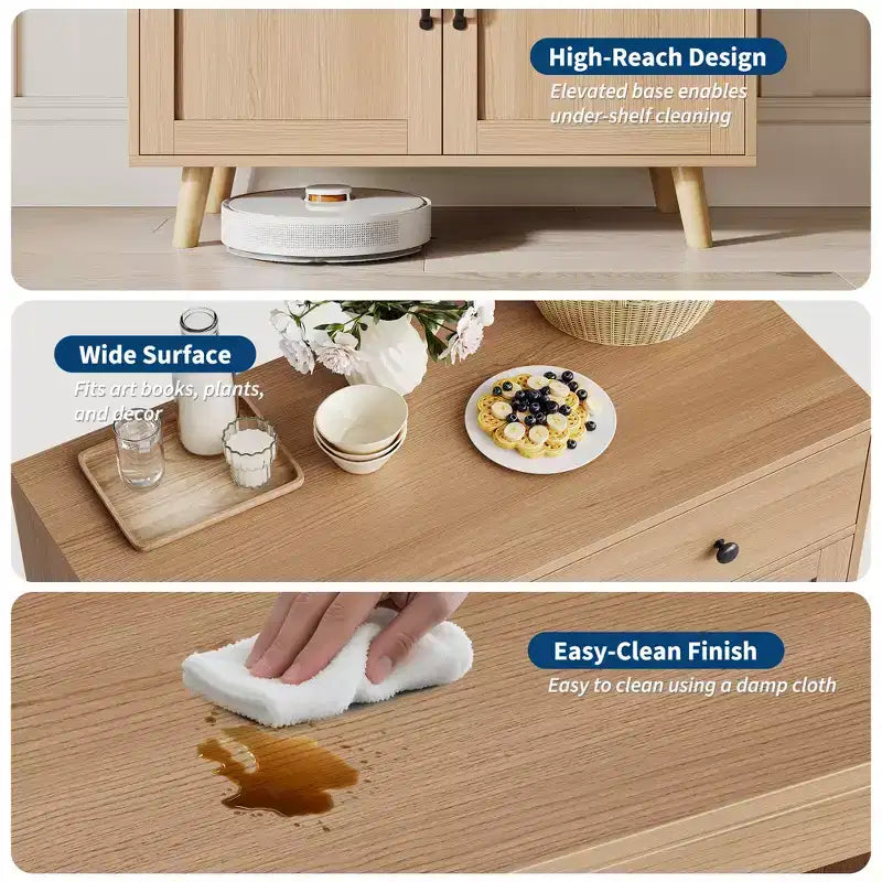 Buffet en bois naturel moderne avec 3 niveaux de rangement, tiroir et étagères ouvertes