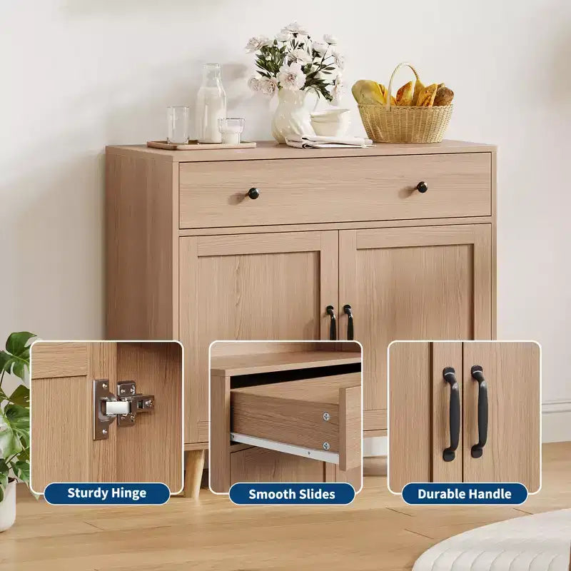 Buffet en bois naturel moderne avec 3 niveaux de rangement, tiroir et étagères ouvertes