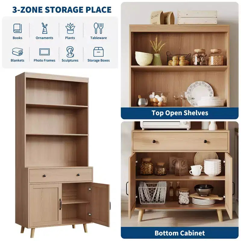 Buffet en bois naturel moderne avec 3 niveaux de rangement, tiroir et étagères ouvertes