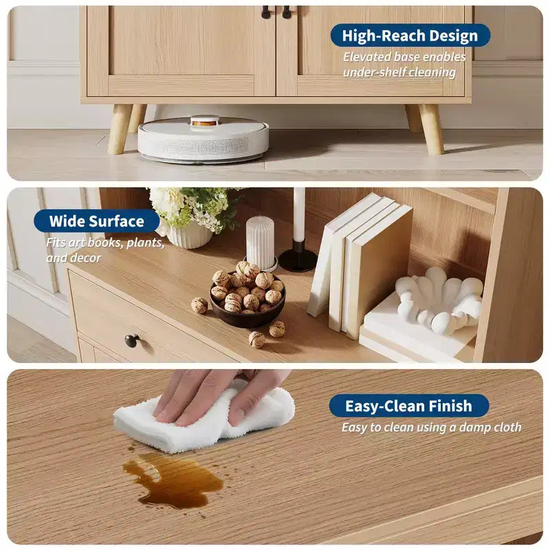 Buffet en bois naturel moderne avec 3 niveaux de rangement, tiroir et étagères ouvertes