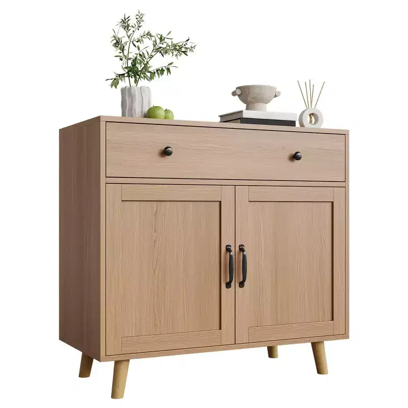 Buffet en bois naturel moderne avec 3 niveaux de rangement, tiroir et étagères ouvertes