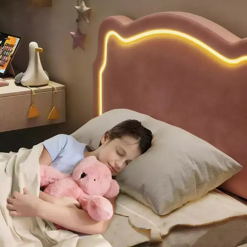 Lit jumeau capitonné pour enfants avec tête de lit réglable en forme d'ours, tiroir de rangement, lattes en bois, silencieux, pas besoin de sommier tapissier