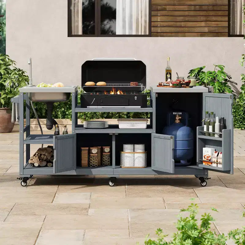 Îlot de cuisine d'extérieur avec évier, chariot de barbecue d'extérieur en bois massif pour barbecues XL Big Green Egg, chariot de bar d'extérieur roulant avec plateau en acier inoxydable