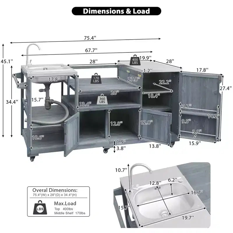 Îlot de cuisine d'extérieur avec évier, chariot de barbecue d'extérieur en bois massif pour barbecues XL Big Green Egg, chariot de bar d'extérieur roulant avec plateau en acier inoxydable