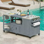 Îlot de cuisine d'extérieur avec évier, chariot de barbecue d'extérieur en bois massif pour barbecues XL Big Green Egg, chariot de bar d'extérieur roulant avec plateau en acier inoxydable