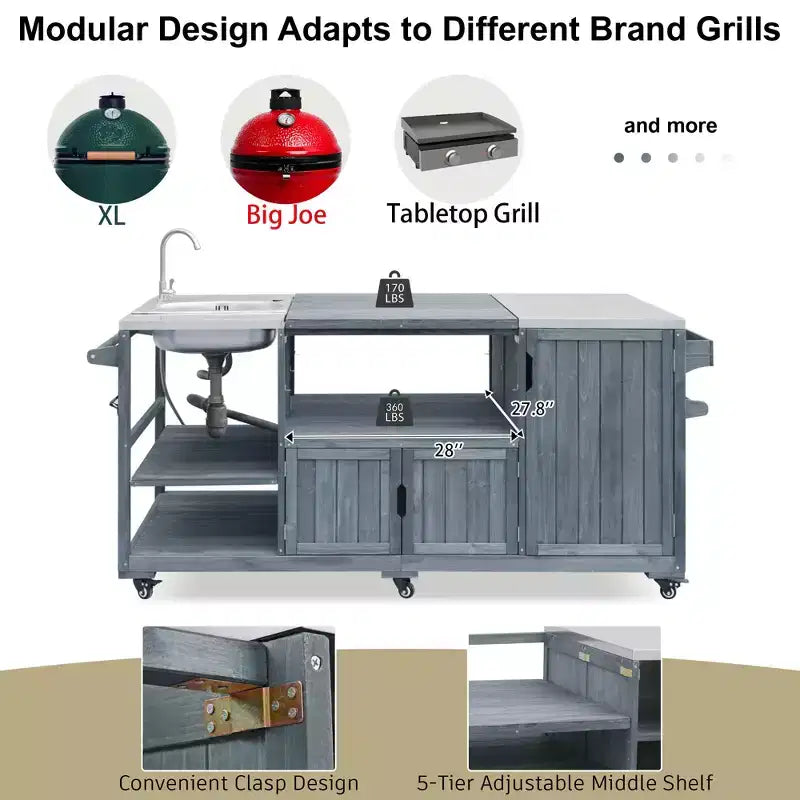 Îlot de cuisine d'extérieur avec évier, chariot de barbecue d'extérieur en bois massif pour barbecues XL Big Green Egg, chariot de bar d'extérieur roulant avec plateau en acier inoxydable