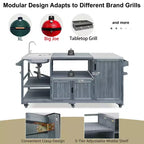 Îlot de cuisine d'extérieur avec évier, chariot de barbecue d'extérieur en bois massif pour barbecues XL Big Green Egg, chariot de bar d'extérieur roulant avec plateau en acier inoxydable